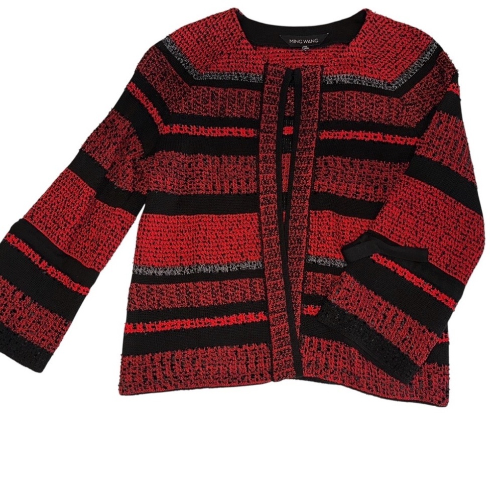 Ming Wang Women’s Red & Black Heavy Knit Tweed Cardigan Jacket ~ Size S